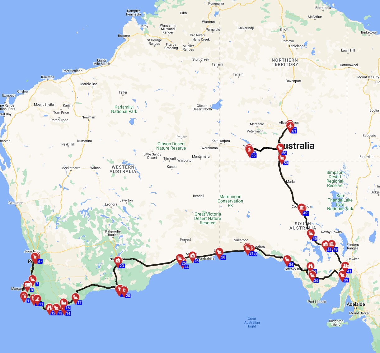 Map for Perth to Alice Springs - The Dreamtime Highway A Journey Through Australias Heart